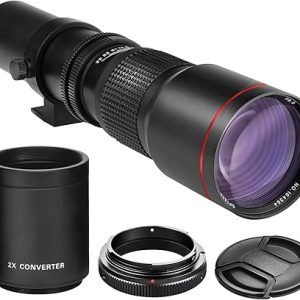 High-Power 500mm/1000mm f/8 Manual Telephoto Lens for Canon EOS 80D, 90D, Rebel T3, T3i, T5, T5i, T6i, T6s, T7, T7I, T8I, SL3, 60D, 70D, 5D, EOS5D IV, 6D II, 7D II SLR Cameras