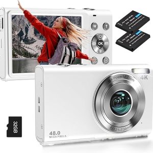 Digital Camera, Autofocus UHD 4K Vlogging Camera with 32GB Card, 48MP 16X Digital Zoom Digital Camera, Anti-Shake Portable YouTube Compact Point Shoot Camera for Teens Adult Beginner(White)